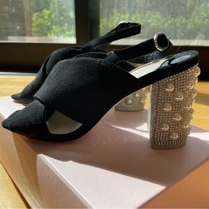 Sophia Webster Nina Crystal and Pearl Suede Slingback Sandals Heel Black Sz 37